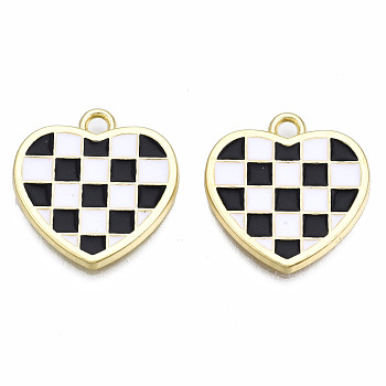 Rack Plating Alloy Checkerboard Pendants, with Enamel, Cadmium Free & Lead Free, Light Gold, Heart with Grid Pattern, Black, 18.5x18x2mm, Hole: 2mm