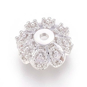 Multi-Petal Brass Micro Pave Cubic Zirconia Bead Caps, Flower, Clear, Real Platinum Plated, 10x4mm, Hole: 1.2mm