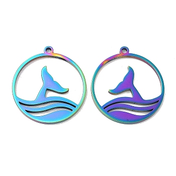 Ion Plating(IP) 304 Stainless Steel Pendants, Flat Round with Fishtail Charm, Rainbow Color, 22x20x1mm, Hole: 1.5mm