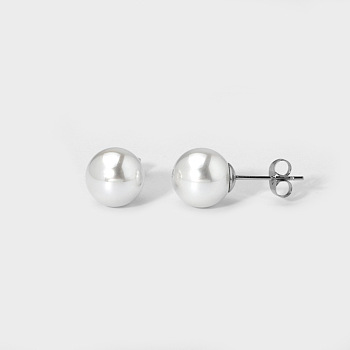 Elegant Titanium Steel Imitation Pearl Stud Earrings, Round, Silver