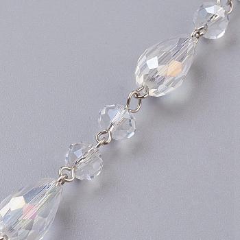 Handmade Faceted Glass Beaded Chains, Unwelded, with Iron Eye Pin, Platinum, Clear, 39.37 inch, 1m/strand