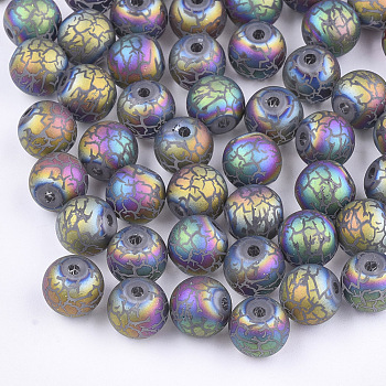 Electroplate Glass Beads, Frosted, Round with Pattern, Colorful, 8~8.5mm, Hole: 1.5mm