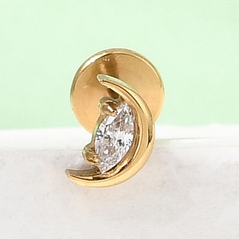 F136 Titanium Pave Clear Cubic Zirconia Moon Internally Threaded Labrets, Golden, 10.5mm, Bar Length: 9mm, 17 Gauge(1.2mm)