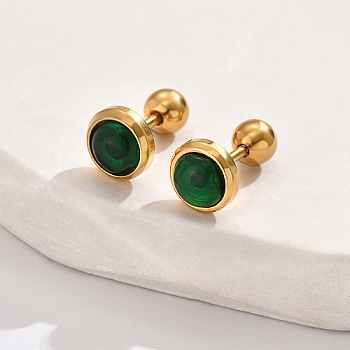 Real 18K Gold Plated 304 Stainless Steel Flat Round Stud Earrings, with Plastic, Green, 8mm