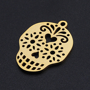 201 Stainless Steel Pendants, Filigree Joiners Findings, Laser Cut, Sugar Skull, For Mexico Holiday Day of The Dead, Golden, 22x16x1mm, Hole: 1.4mm
