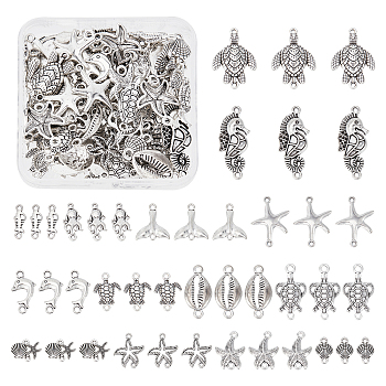 72pcs 12 styles Tibetan Style Zinc Alloy Connector Charms, Dolphin & Starfish & Shell & Turtle, Ocean Theme Mixed Shapes, Antique Silver, 16~36x6.5~20mm, 6pcs/style