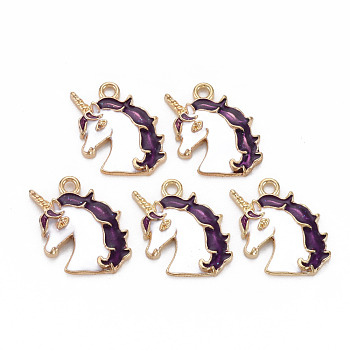 Alloy Enamel Pendants, with Glitter Powder, Light Gold, Cadmium Free & Nickel Free & Lead Free, Unicorn, Purple, 20x16.5x3mm, Hole: 2mm