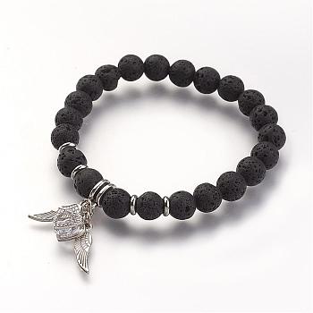 Natural Lava Rock Beads Stretch Bracelets, with Alloy Pendants, Black, 2 inch(53mm)