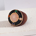 Flat Round Wood & Resin & Natural Rose Quartz Finger Rings, 24mm, Inner Diameter: 18mm(FS-WG75D49-02)
