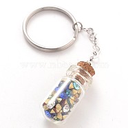 Stainless Steel Keychain, with Glass Rhinestone Bottle and with Wooden Bungs, Colorful, 93mm(X-KEYC-JKC00058)