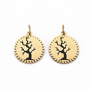 Ion Plating(IP) 316 Surgical Stainless Steel Enamel Charms, with Jump Rings, Laser Cut, Cadmium Free & Nickel Free & Lead Free, Flat Round with Tree of Life, Black, Real 14K Gold Plated, 13.5x12x1mm, Hole: 2.5mm(STAS-N097-079-NR)