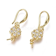 Brass Micro Pave Cubic Zirconia Earring Hooks, Ear Wire, For Half-drilled Bead, Clear, Flower, Golden, 32mm, Pin: 1mm(KK-G374-09G)