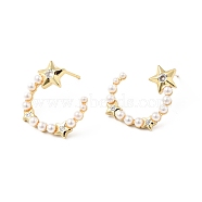 Rack Plating Brass Stud Earrings for Women, with Clear Cubic Zirconia & Acrylic Imitation Pearl Beads, Cadmium Free & Lead Free, Long-Lasting Plated, C-Shapes with Star, Real 18K Gold Plated, 22.5x18.5x16mm, Pin: 0.9mm(EJEW-G311-04G)