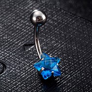 Piercing Jewelry, Brass Cubic Zirciona Navel Ring, Belly Rings, with 304 Stainless Steel Bar, Lead Free & Cadmium Free, Star, Blue, 20mm, Star: 8mm, Bar: 15 Gauge(1.5mm), Bar Length: 3/8"(10mm)(AJEW-EE0006-50C)