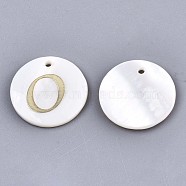 Natural Freshwater Shell Pendants, with Golden Plated Brass Etched Metal Embellishments, Flat Round with Letter, Letter.O, 15x2mm, Hole: 1.2mm(SHEL-N027-04O)
