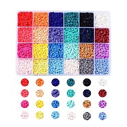 24 Colors Handmade Polymer Clay Beads, Disc/Flat Round, Heishi Beads, Mixed Color, 4x1mm, Hole: 1mm, 24colors, about 380~400pcs/color, 9120~9600pcs/box(CLAY-X0011-01B)