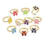 Adjustable Brass Micro Pave Cubic Zirconia Finger Rings, Bear with Enamel, Real 16K Gold Plated, Cadmium Free & Nickel Free & Lead Free, Mixed Color, US Size 7 1/2(17.7mm)(RJEW-Q165-002-NR)