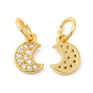 Rack Plating Brass Pave Clear Cubic Zirconia Moon Charms with Jump Ring, Long-Lasting Plated, Lead Free & Cadmium Free, Real 18K Gold Plated, 9.5x7x1.5mm, Hole: 4mm(KK-Z026-01G)