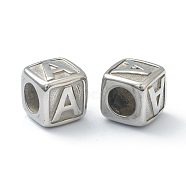 304 Stainless Steel European Beads, Large Hole Beads, Horizontal Hole, Cube with Letter, Stainless Steel Color, Letter.A, 8x8x8mm, Hole: 4mm(STAS-H145-01A-P)