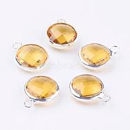 Silver Color Plated Brass Glass Flat Round Charms, Faceted, Yellow, 12x8.5x3mm, Hole: 1.5mm(GLAA-M003-A-23S)
