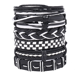 6Pcs 6 Style Adjustable Braided Imitation Leather Cord Bracelet Set with Waxed Cord for Men, Black, Inner Diameter: 2~3-1/8 inch(5.2~8cm), 1Pc/style(BJEW-F458-06)