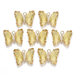 Glass Pendants, with Micro Pave Cubic Zirconia and Brass Open Back Settings, Faceted, Butterfly, Light Gold, Yellow, 15.5x20x4mm, Hole: 1.8mm(X-GLAA-T021-24H)
