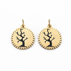 Ion Plating(IP) 316 Surgical Stainless Steel Enamel Charms, with Jump Rings, Laser Cut, Cadmium Free & Nickel Free & Lead Free, Flat Round with Tree of Life, Black, Real 14K Gold Plated, 13.5x12x1mm, Hole: 2.5mm(STAS-N097-079-NR)