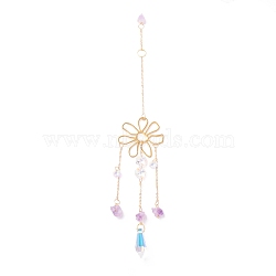Hanging Crystal Aurora Wind Chimes, with Prismatic Pendant, Flower-shaped Iron Link and Natural Amethyst, for Home Window Lighting Decoration, Golden, 315mm(HJEW-Z003-04)