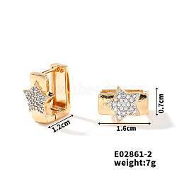 Exquisite Brass Cubic Zirconia Hoop Earrings Fashionable Light Luxury, Golden, Star, 16x7mm(EN3561-2)