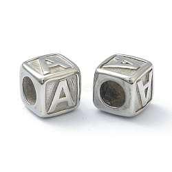 304 Stainless Steel European Beads, Large Hole Beads, Horizontal Hole, Cube with Letter, Stainless Steel Color, Letter.A, 8x8x8mm, Hole: 4mm(STAS-H145-01A-P)