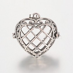 Eco-Friendly Rack Plating Brass Hollow Heart Cage Pendants, Cadmium Free & Lead Free, Antique Silver, 31x32x16mm, Hole: 9x4mm, inner: 26x23mm(X-KK-M180-13AS-RS)
