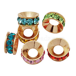 Brass Rhinestone Spacer Beads, Grade A, Rondelle, Mixed Color, 9x4mm(RB-A020-9mm-RG)