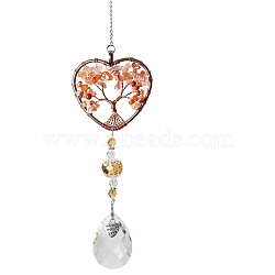 Big Pendant Decorations, Hanging Sun Catchers, with Carnelian Beads and K9 Crystal Glass, Heart with Tree of Life, 355mm(HJEW-SZ0001-32D)