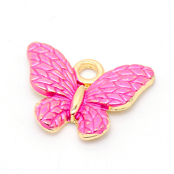 Alloy Enamel Pendant, Butterfly, Cadmium Free & Lead Free, Light Gold, Magenta, 13x17.5x2.5mm, Hole: 2mm