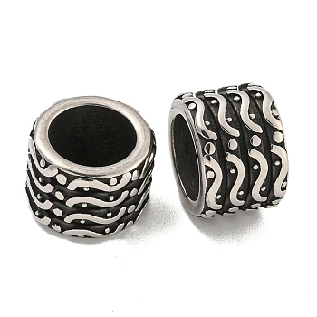 316 Surgical Stainless Steel Large Hole Beads, Textured Column, Antique Silver, 9x13x9mm, Hole: 9mm