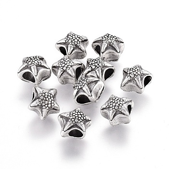 Tibetan Style Alloy Beads, Lead Free & Nickel Free & Cadmium Free, Starfish/Sea Stars, Thailand Sterling Silver Plated, 10x11x9mm, Hole: 4mm