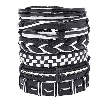 6Pcs 6 Style Adjustable Braided Imitation Leather Cord Bracelet Set with Waxed Cord for Men, Black, Inner Diameter: 2~3-1/8 inch(5.2~8cm), 1Pc/style