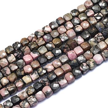 Natural Rhodonite Beads Strands, Cube, Faceted, 6~6.5x6~6.5x6~6.5mm, Hole: 1mm, about 58pcs/Strand, 15.55 inch(39.5cm)