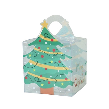 Square Transparent PVC Bakery Bakery Boxes, Christmas Theme Gift Box, for Mini Cake, Cupcake, Cookie Packing, Christmas Tree Pattern, 90x90x140mm