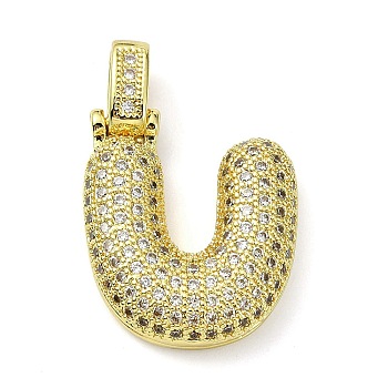 Brass Micro Pave Clear Cubic Zirconia Pendants, Real 18K Gold Plated, Letter U, 29.5mm, Hole: 4.8x3.5mm, Pendant: 23.5x20x5mm