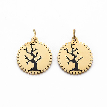 Ion Plating(IP) 316 Surgical Stainless Steel Enamel Charms, with Jump Rings, Laser Cut, Cadmium Free & Nickel Free & Lead Free, Flat Round with Tree of Life, Black, Real 14K Gold Plated, 13.5x12x1mm, Hole: 2.5mm