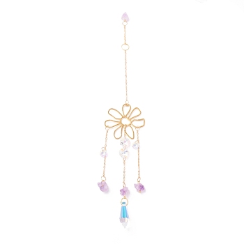 Hanging Crystal Aurora Wind Chimes, with Prismatic Pendant, Flower-shaped Iron Link and Natural Amethyst, for Home Window Lighting Decoration, Golden, 315mm
