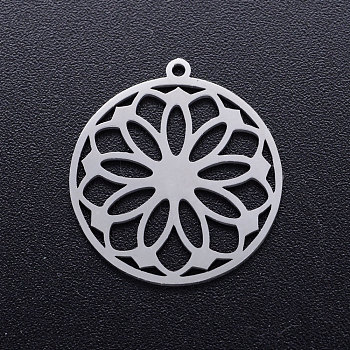 201 Stainless Steel Pendants, Ring with Flower, Stainless Steel Color, 21.5x20x1mm, Hole: 1.2mm