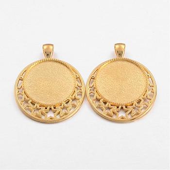 Tibetan Style Alloy Pendant Cabochon Settings, Cadmium Free & Lead Free, Flat Round with Stars, Golden, Tray: 25mm, 44x36x2mm, Hole: 5x7mm, about 140pcs/kg