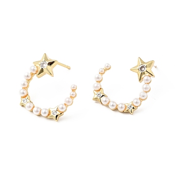 Rack Plating Brass Stud Earrings for Women, with Clear Cubic Zirconia & Acrylic Imitation Pearl Beads, Cadmium Free & Lead Free, Long-Lasting Plated, C-Shapes with Star, Real 18K Gold Plated, 22.5x18.5x16mm, Pin: 0.9mm