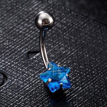 Piercing Jewelry, Brass Cubic Zirciona Navel Ring, Belly Rings, with 304 Stainless Steel Bar, Lead Free & Cadmium Free, Star, Blue, 20mm, Star: 8mm, Bar: 15 Gauge(1.5mm), Bar Length: 3/8"(10mm)
