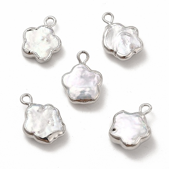 Baroque Natural Keshi Pearl Connector Charms, Flower Links, with Brass Double Loops, Platinum, 14~15x11~12x3~5mm, Hole: 1.8mm