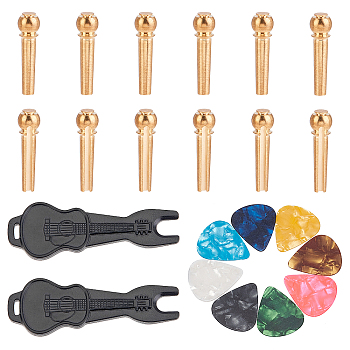 ABS Plastic Guitar Picks and Guitar String Pins Sets, Golden, 30x26x0.4mm, 4pcs/box