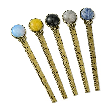 Round Tibetan Style Retro Alloy Bookmark Rulers, Mixed Gemstone Bookmarks, Antique Bronze, 129x22.5x8mm