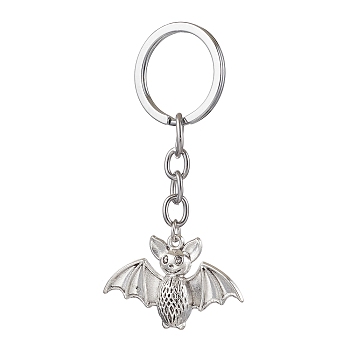 Bat Alloy Keychain, with Alloy Findings, Antique Silver & Platinum, Size: about 81mm long, pendant: 26x40x5mm.